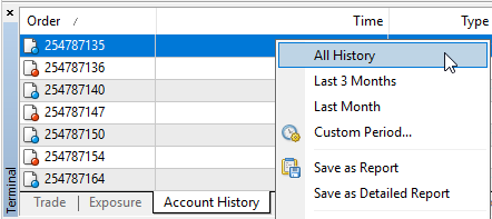 The Account History tab's right click menu, with Save as Report and Save as Detailed Report below All History