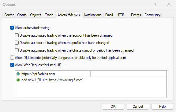 MetaTrader's Options window, Expert Advisors tab, with Allow WebRequest for listed URL ticked and https://api.fxables.com in the list