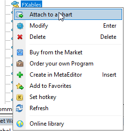 The Navigator's menu for the FXables EA with Attach to a chart highlighted