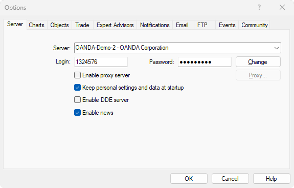 MetaTrader's Options window, Server tab, with the account number in the Login field