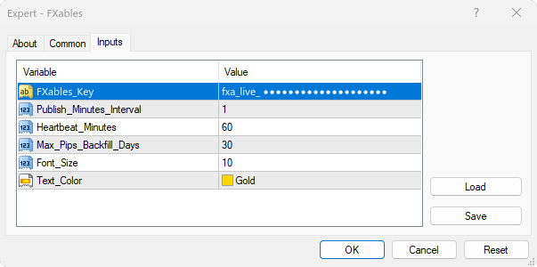 The EA's Inputs tab with the key pasted into FXables_Key