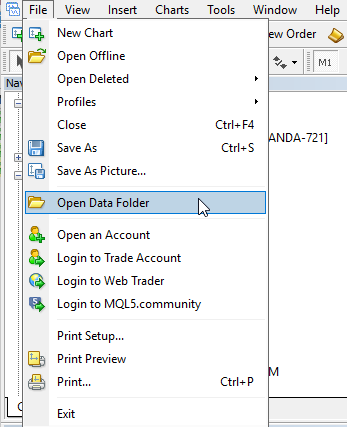 MetaTrader's File menu with Open Data Folder highlighted