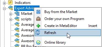 The Navigator's menu for Expert Advisors with Refresh highlighted